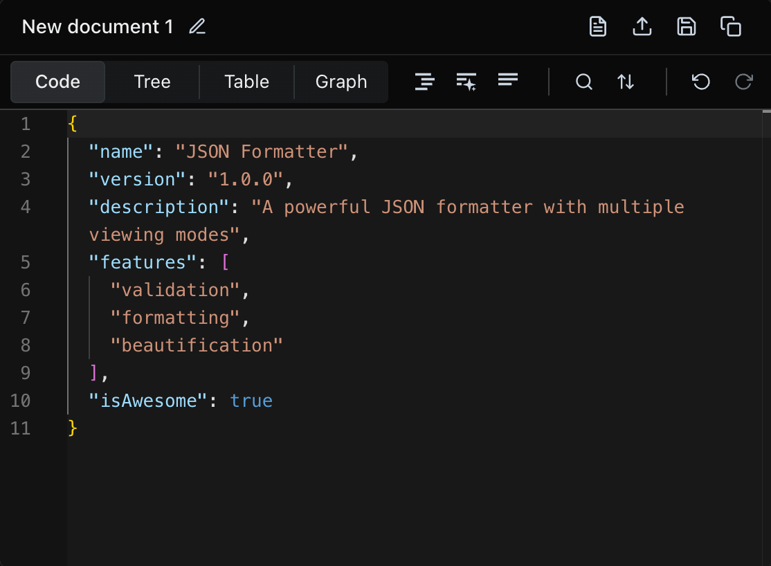 JSON Console advanced JSON editor with Monaco editor, JSON schema validation, tree visualization, graph view, and dual-pane JSON diff comparison - Dark theme interface