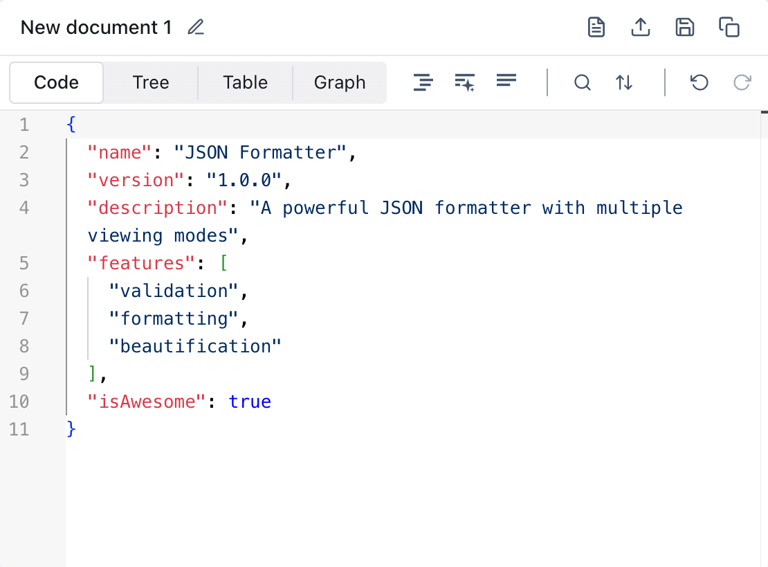 JSON Console online formatter interface showing JSON beautifier with syntax highlighting, tree view navigation, dual-pane editor, and real-time JSON validation - Light theme screenshot